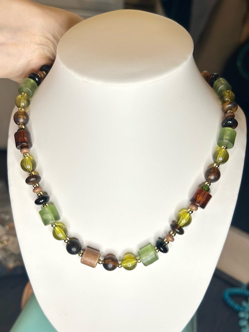 Boho Earth Tone Green Amber Brown Mixed Bead Necklace